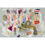 A BOX CONTAINING A DEALERS LOT OF MISCELLANEOUS MEDAL RIBBONS AND A NUMBER OF WWI AND WWII MINIATURE