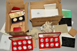 A BOX CONTAINING BOXED SILVER PROOF COINS, to include two Spink boxed eight silver proofs