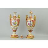 A PAIR OF CONTINENTAL PORCELAIN TWIN HANDLED COVERED VASES, butterflies and floral panels with