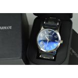 A GENTLEMAN'S EMPORIO ARMANI WRISTWATCH WITH MAKER'S CASE, the circular blue face with Arabic
