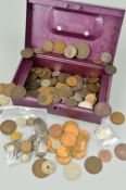 A CASH BOX OF WORLD COINS, to include some silver and some interesting coinage