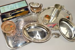 A SMALL QUANTITY OF SILVER PLATE to include an oval entree dish and cover, two trays, a conical mug,