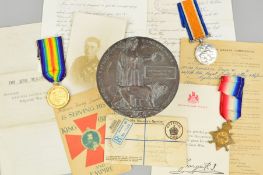 A WWI 1914-15 STAR, British War and Victory medal trio plus Memorial Death plaque to a soldier