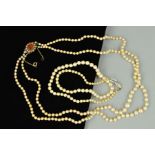 TWO CULTURED PEARL NECKLACES, the first a single row of graduated spherical cultured pearls