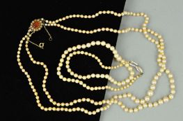 TWO CULTURED PEARL NECKLACES, the first a single row of graduated spherical cultured pearls