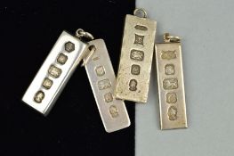 A COLLECTION OF FOUR SILVER INGOT PENDANTS, varying in size all with feature silver hallmarks,
