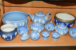 A GROUP OF WEDGWOOD AND OTHER JASPERWARES to include three piece tea service, footed bowl,