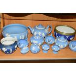 A GROUP OF WEDGWOOD AND OTHER JASPERWARES to include three piece tea service, footed bowl,