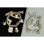 TWO CHARM BRACELETS, designed as two curb link chains suspending a total of nineteen charms to