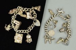 TWO CHARM BRACELETS, designed as two curb link chains suspending a total of nineteen charms to