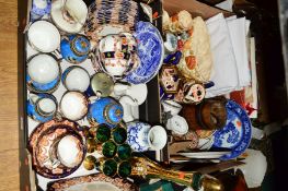 TWO BOXES OF CERAMICS, LINEN, GLASS, etc to include Royal Albert china tea wares, Japanese