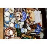 TWO BOXES OF CERAMICS, LINEN, GLASS, etc to include Royal Albert china tea wares, Japanese