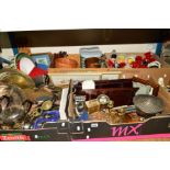 FIVE BOXES AND LOOSE SUNDRY ITEMS etc to include plated and brass, metalwares, wicker baskets,