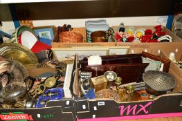 FIVE BOXES AND LOOSE SUNDRY ITEMS etc to include plated and brass, metalwares, wicker baskets,