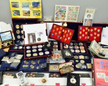A LARGE COLLECTION OF COINS, COMMEMORATIVES AND COPIES, to include silver proofs, gold Clad coins