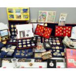 A LARGE COLLECTION OF COINS, COMMEMORATIVES AND COPIES, to include silver proofs, gold Clad coins