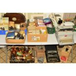 SIX BOXES AND LOOSE SUNDRY ITEMS, to include photographic items, 'Remington' typewriter, 'Royal'