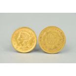 A GOLD TEN FRANCS NAPOLEON III FRANCE 1864, together with a gold two and half Dollar coin, U.S.A.