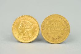 A GOLD TEN FRANCS NAPOLEON III FRANCE 1864, together with a gold two and half Dollar coin, U.S.A.