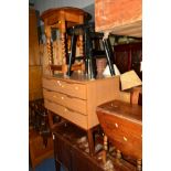 A MODERN CHEST OF THREE DRAWERS, an oak drop leaf occasional table, two oak occasional tables, a