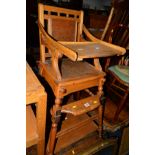 AN EARLY 20TH CENTURY OAK METAMORPHIC HIGH CHAIR