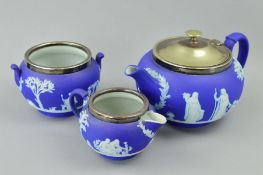 A THREE PIECE WEDGWOOD JASPERWARE TEA SERVICE, with plated collars and lid (3)