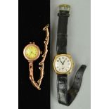 TWO EARLY 20TH CENTURY 9CT GOLD WATCHES, the first with a circular head, Roman numerals and