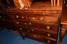 A GEORGIAN FLAME MAHOGANY AND INLAID CHEST of two short and three long drawers on bracket feet,
