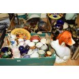 TWO BOXES AND LOOSE SUNDRY ITEMS, to include teawares, ornamental sculptures, jardiniere, Country