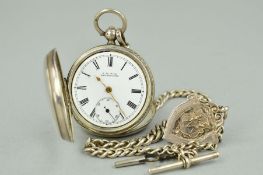 A SILVER POCKET WATCH on a silver T bar chain with a silver fob depicting a Boxing Match, Birmingham