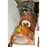 TWO MANTLE CLOCKS, both with pendulum, one key, together with a slate clock case (sd) (3)