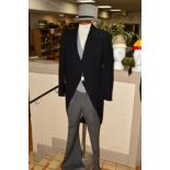 MOSS BROS, CONVENT GARDEN TAILCOAT, TROUSERS AND WAISTCOAT, together with a Rowans grey top hat