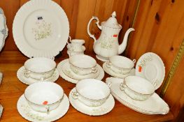 ROYAL ALBERT 'NORDIC FLOWER' TEA/DINNERWARES, to include teapot, six twin handled soup bowls,