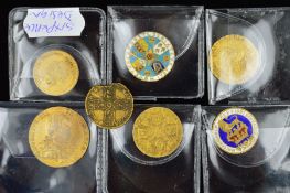 A QUANTITY OF GOLD LAYERED COINS, George III and IV two are enamelled 1787, 1826, 1828, etc (7)