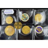 A QUANTITY OF GOLD LAYERED COINS, George III and IV two are enamelled 1787, 1826, 1828, etc (7)