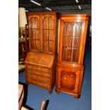 A BEVAN FUNNEL WALNUT LEAD GLAZED BUREAU/BOOKCASE with four drawers, together with a yew wood corner