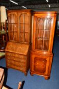 A BEVAN FUNNEL WALNUT LEAD GLAZED BUREAU/BOOKCASE with four drawers, together with a yew wood corner