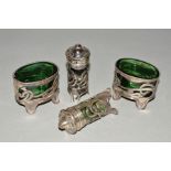 AN EDWARDIAN ART NOUVEAU SILVER FOUR PIECE CONDIMENT SET, comprising two oval salts and two