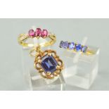 THREE ITEMS OF 9CT GOLD GEM JEWELLERY to include a three stone synthetic ruby ring with single cut