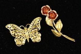 TWO 9CT GOLD BROOCHES, the first designed as a filigree butterfly, the second designed as two roses,