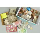 A SHOE BOX OF MIXED COINAGE, to include over 300 grams of pre 47 silver, a small tin of 3d silver