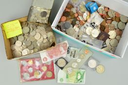 A SHOE BOX OF MIXED COINAGE, to include over 300 grams of pre 47 silver, a small tin of 3d silver