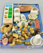 A SMALL TRAY OF WADE, CRESTED WARES, ORNAMENTS, etc, to include W.H. Goss Welsh Hat, boxed