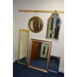 A CIRCULAR FOLIATE GILT FRAMED CONVEX WALL MIRROR, a modern rectangular bevelled edge wall mirror