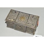 AN ART DECO STYLE CAST METAL EMBOSSED BOX, length 12.5cm x depth 6.5cm x height 5cm