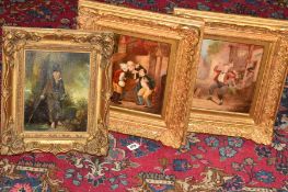 THREE 19TH CENTURY STYLE OIL PAINTINGS, the first appears to show a male figure receiving a