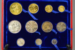 A CASED SET OF VICTORIA JUBILEE COINS, 1887, gold five pounds to silver threepence, to include