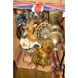 A BOX OF METALWARE, CERAMICS, ETC, to include three piece plated tea service, brass kettle, brass