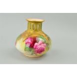 A ROYAL WORCESTER GLOBULAR VASE, with pierced neck and flared rim, painted with roses, puce