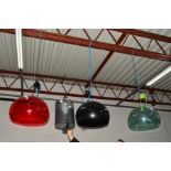 KARTELL, ITALY, a set of three FL/Y transparent pendant light in green, black and red (with one